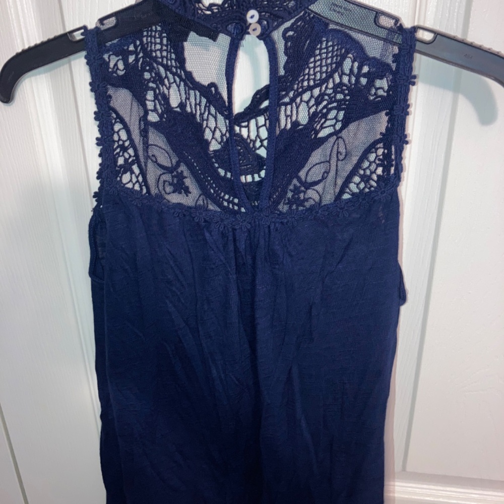 Navy Lace High Neck Sleeveless Dress shirt - Picture 4 of 4